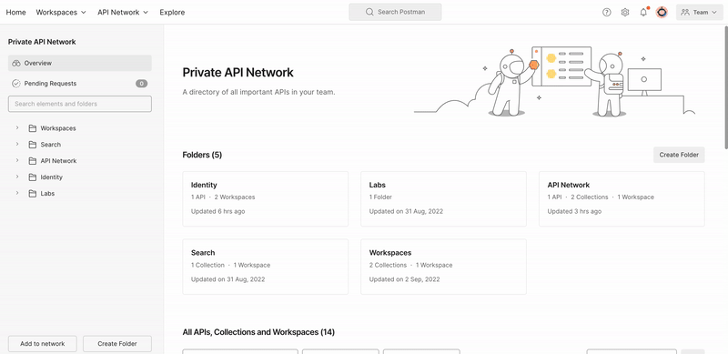 Video of user filtering lists by author, type and search on the Private API Network.