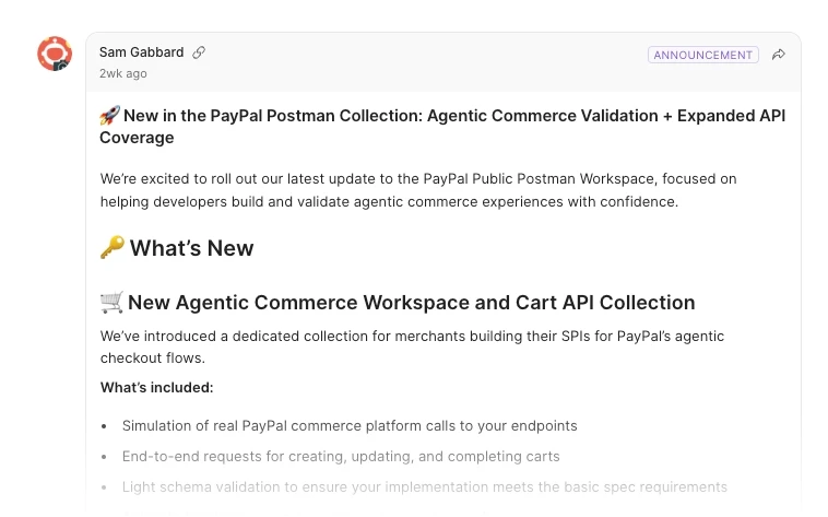 PayPal Public API Workspace in Postman with partner collections, announcements, and environments