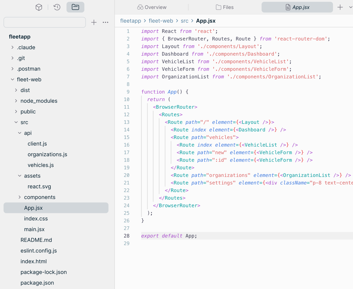 Postman App.jsx code editor showing React Router imports and component structure with navigation routes for vehicles and organizations