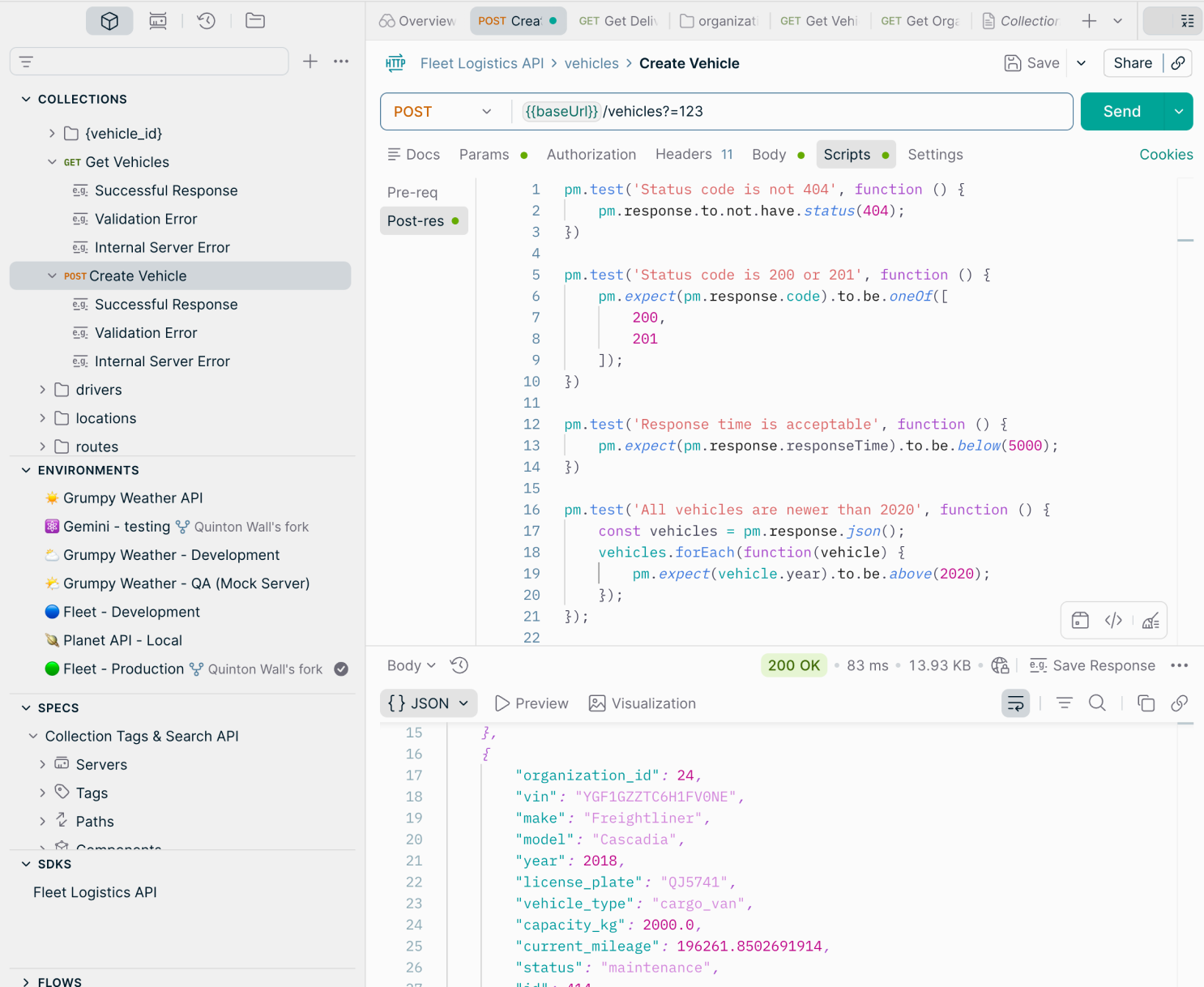 Postman API Client dashboard showing API request and response details with Postman AI agent mode interface