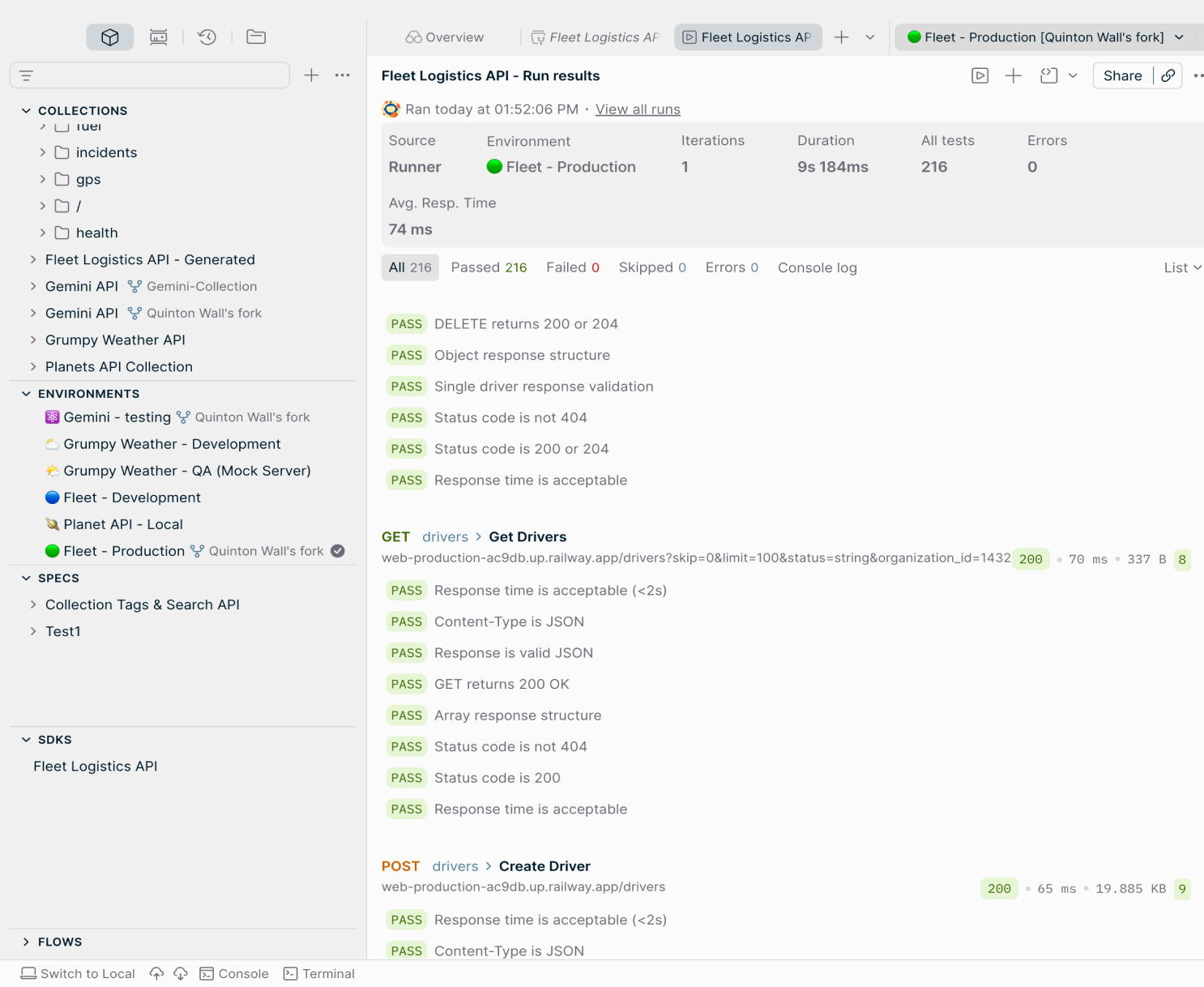 Postman Collection Runner results for a functional test suite, showing 216 passing assertions across API endpoints