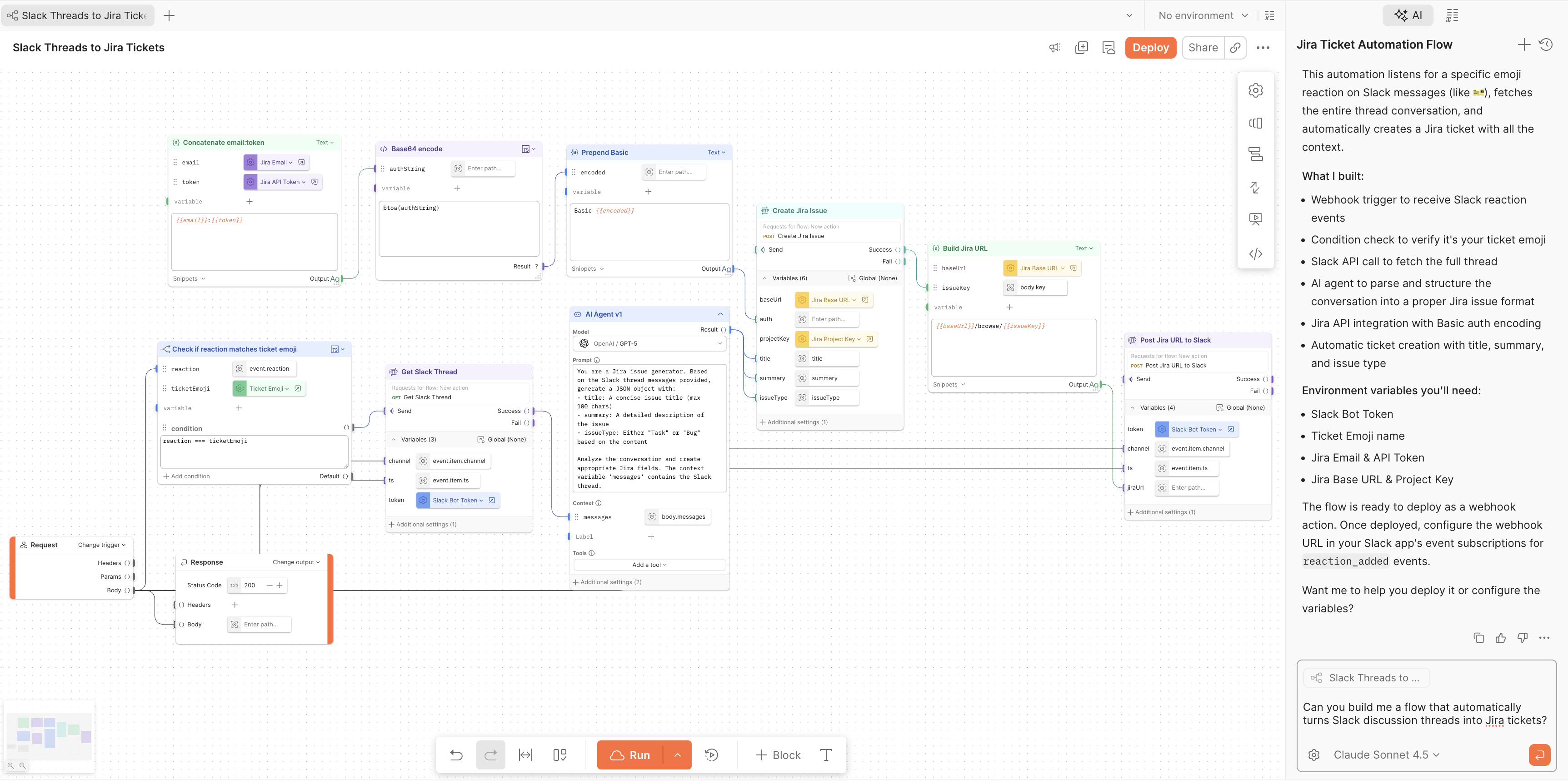 Postman Flows canvas showing a workflow with API blocks and inline code