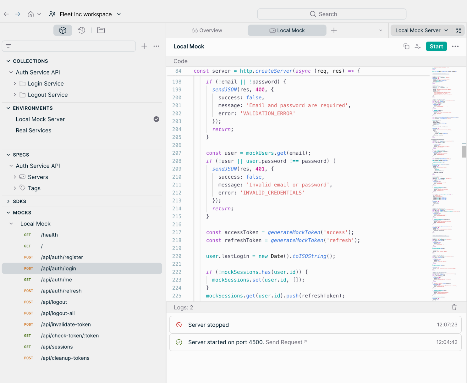 Postman interface showing a mock server being created from a single AI prompt