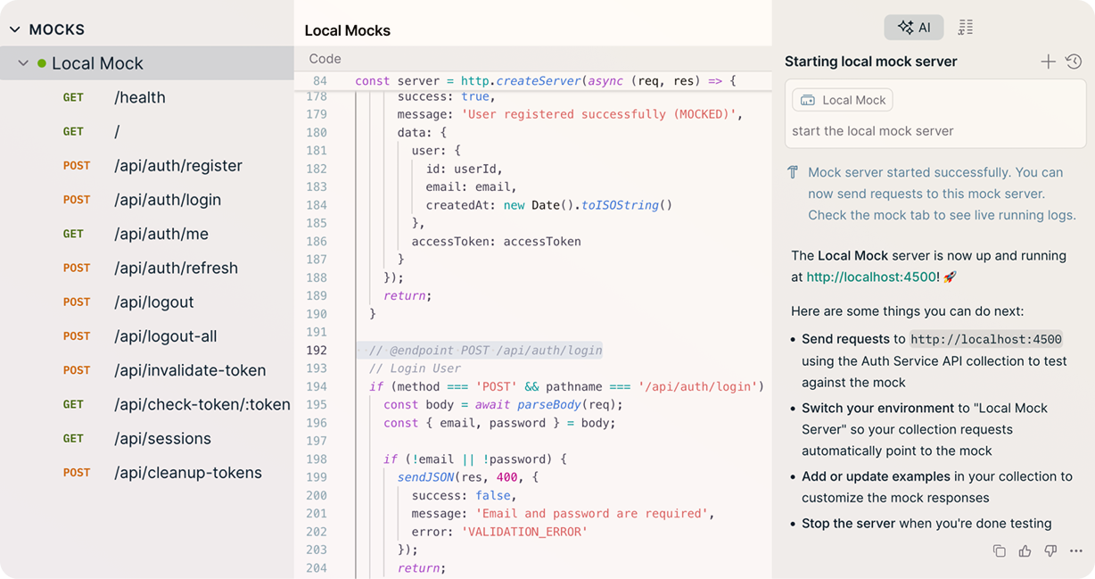 Postman Mock Servers interface showing a mock server configured with API response examples