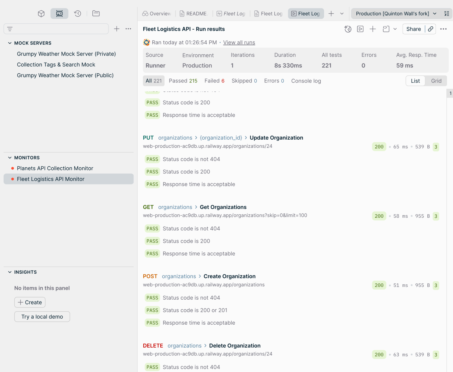Postman monitor run results showing passed and failed API requests with response times