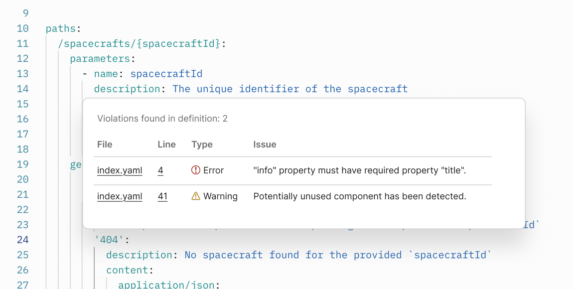 Postman governance violations panel flagging errors and warnings directly in an API specification