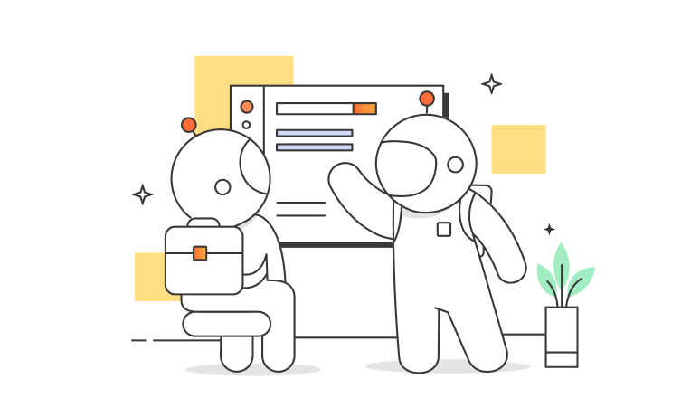 Two illustrated figures collaborating at a workstation with a laptop displaying API documentation
