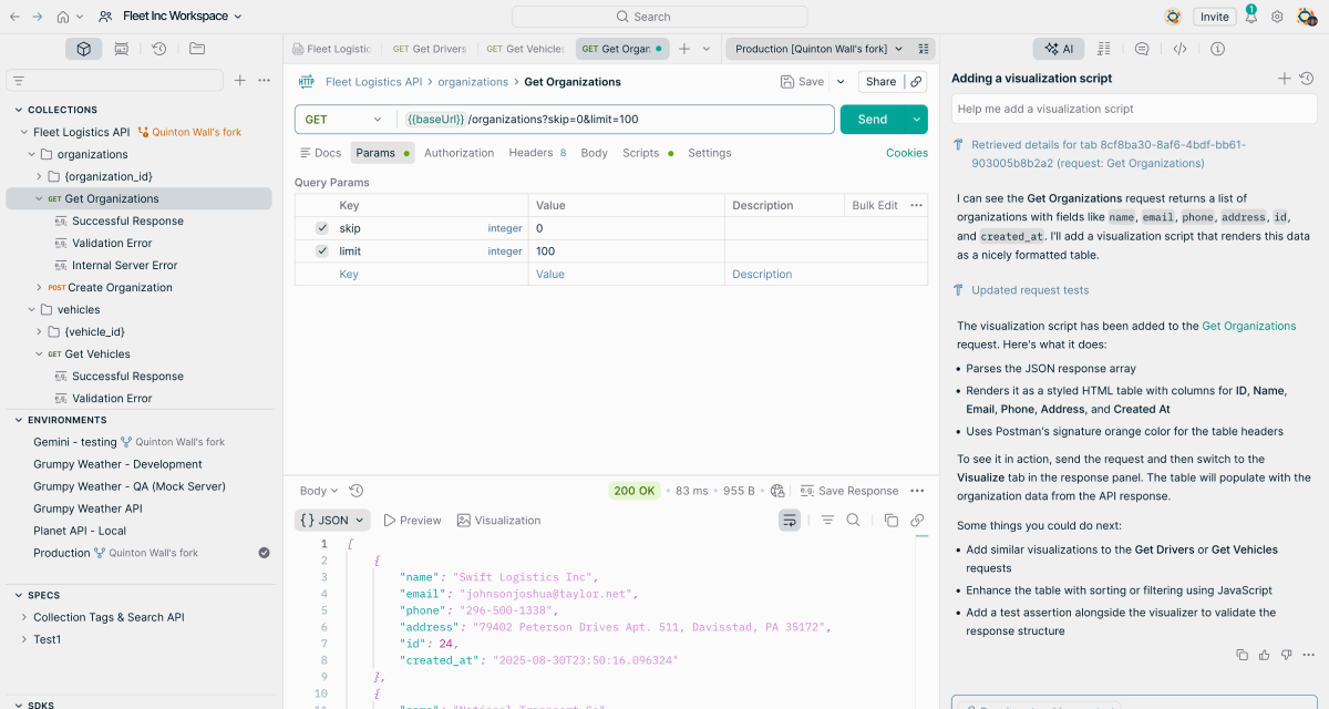 Postman workspace interface showing API collections and collaboration features