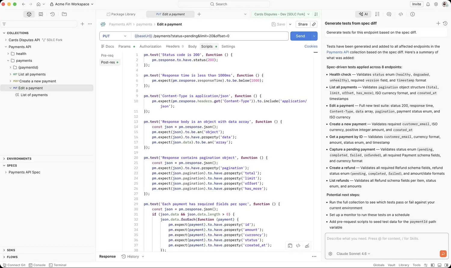 Postman Agent Mode generating new tests directly from a spec diff.