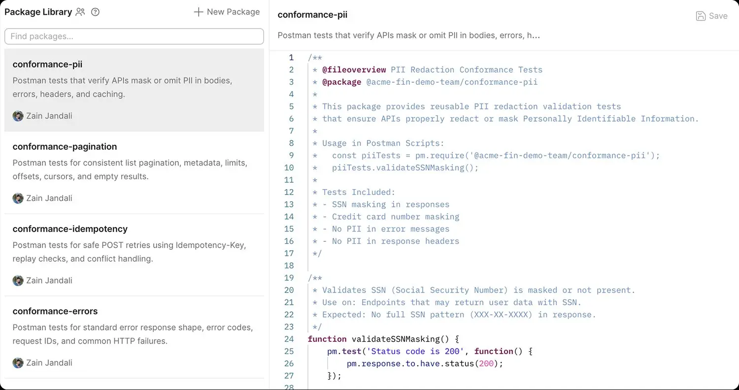 Postman Package Library showing reusable packages for auth, validation, and error contracts.