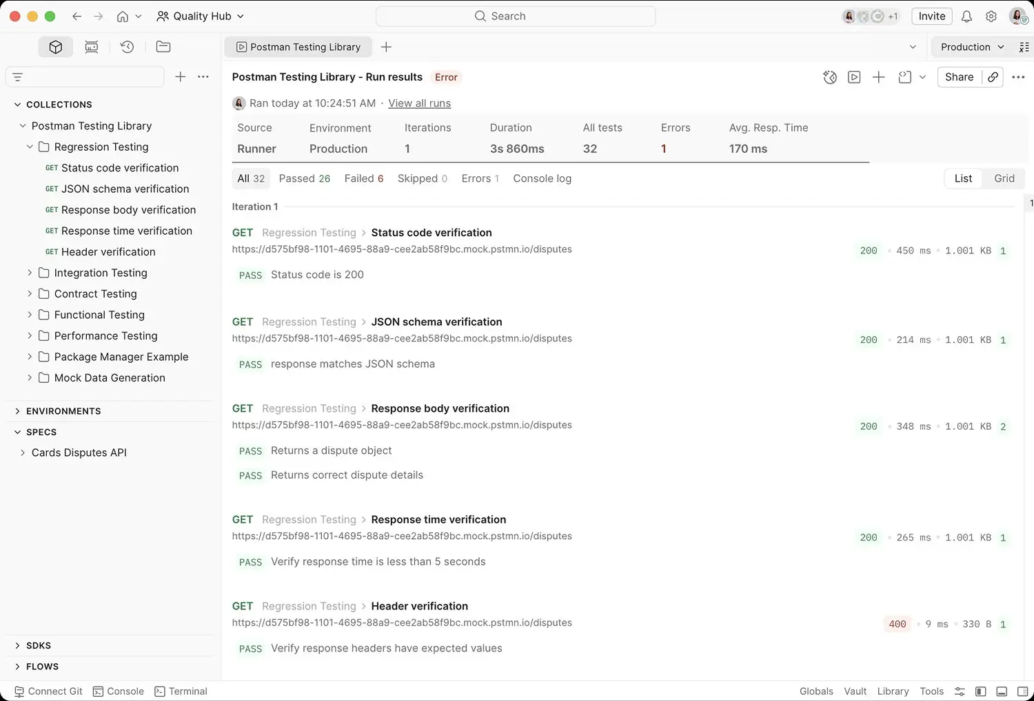 Postman Collection Runner running integration, regression, and performance tests from a single workspace.
