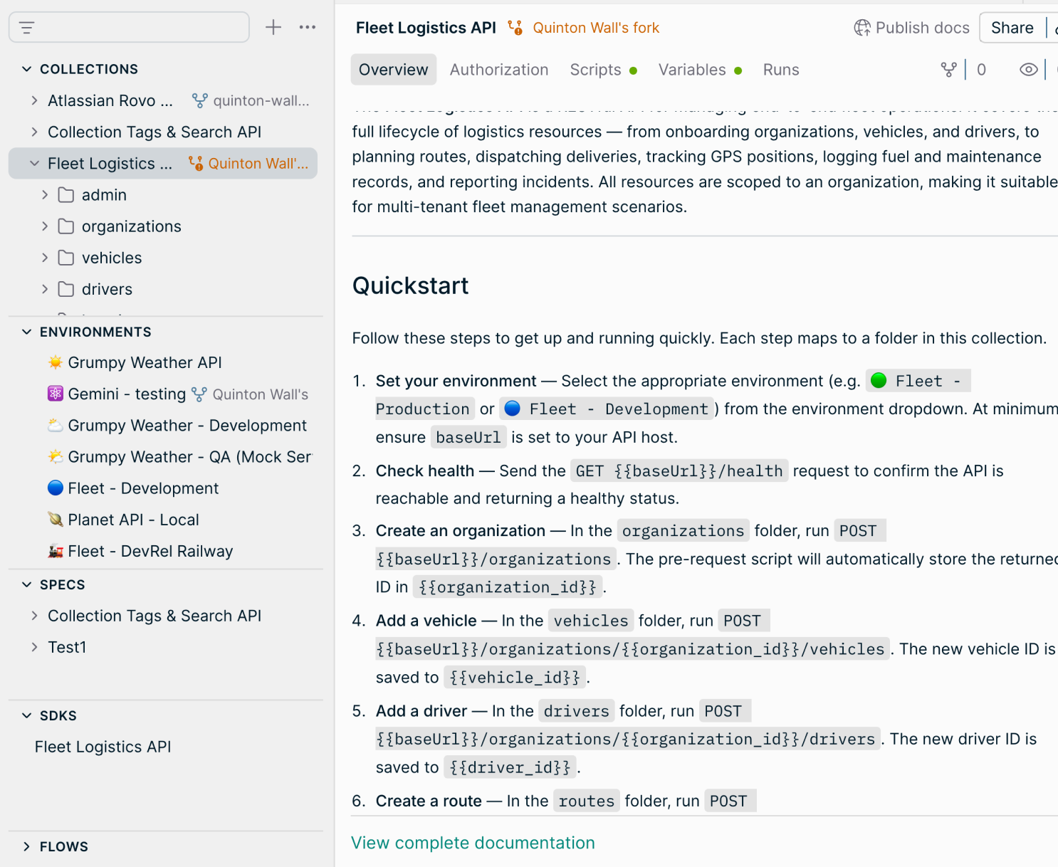 Screenshot of Postman AI generating API documentation for a sample collection