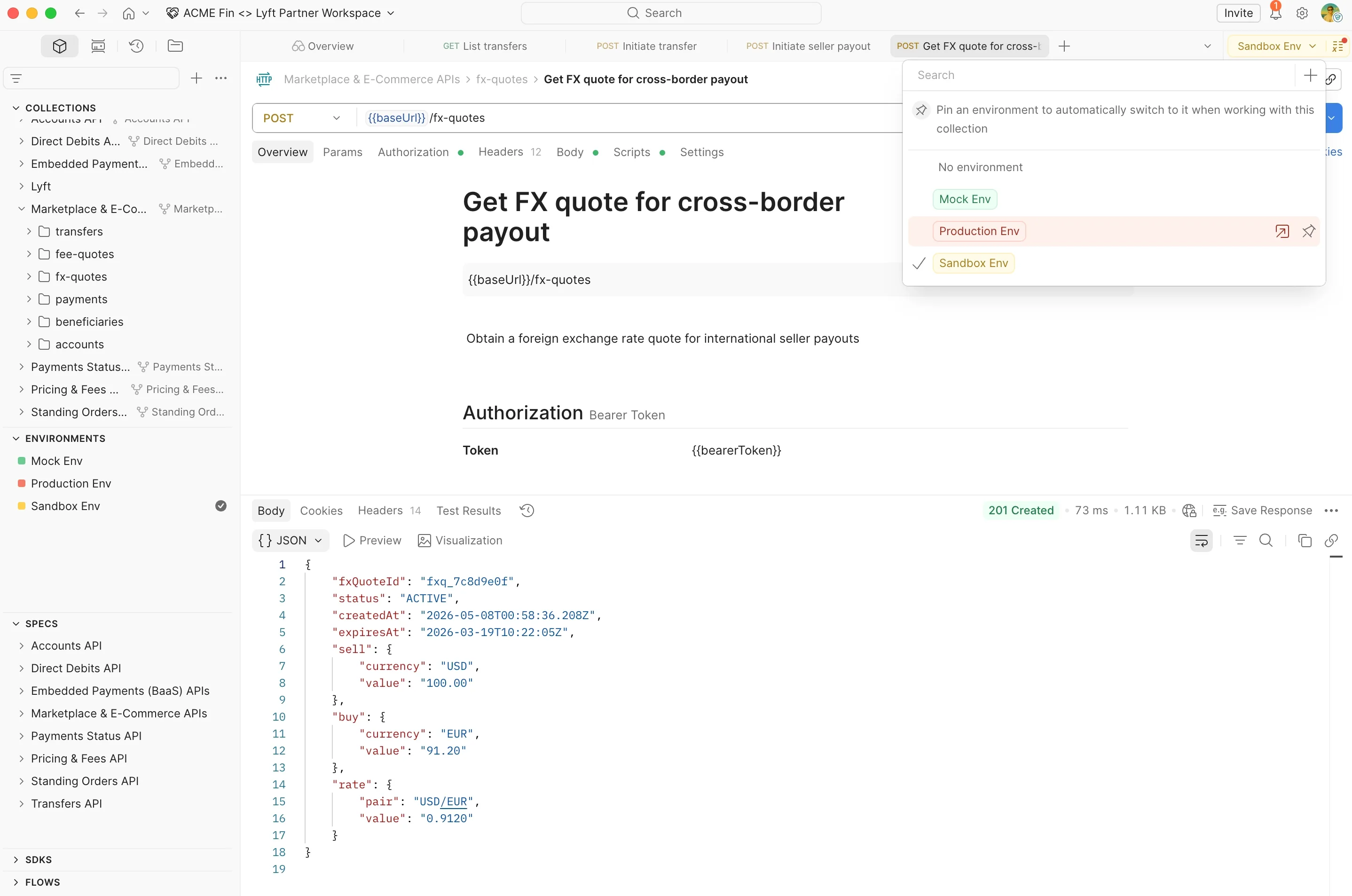 Partner Workspace with scoped collections and tiered Mock, Sandbox, and Production environments