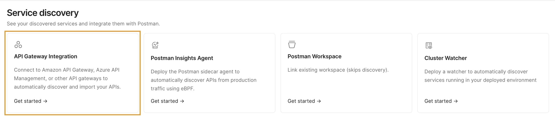 Service discovery panel showing API Gateway Integration, Postman Insights Agent, Postman Workspace, and Cluster Watcher integration options.