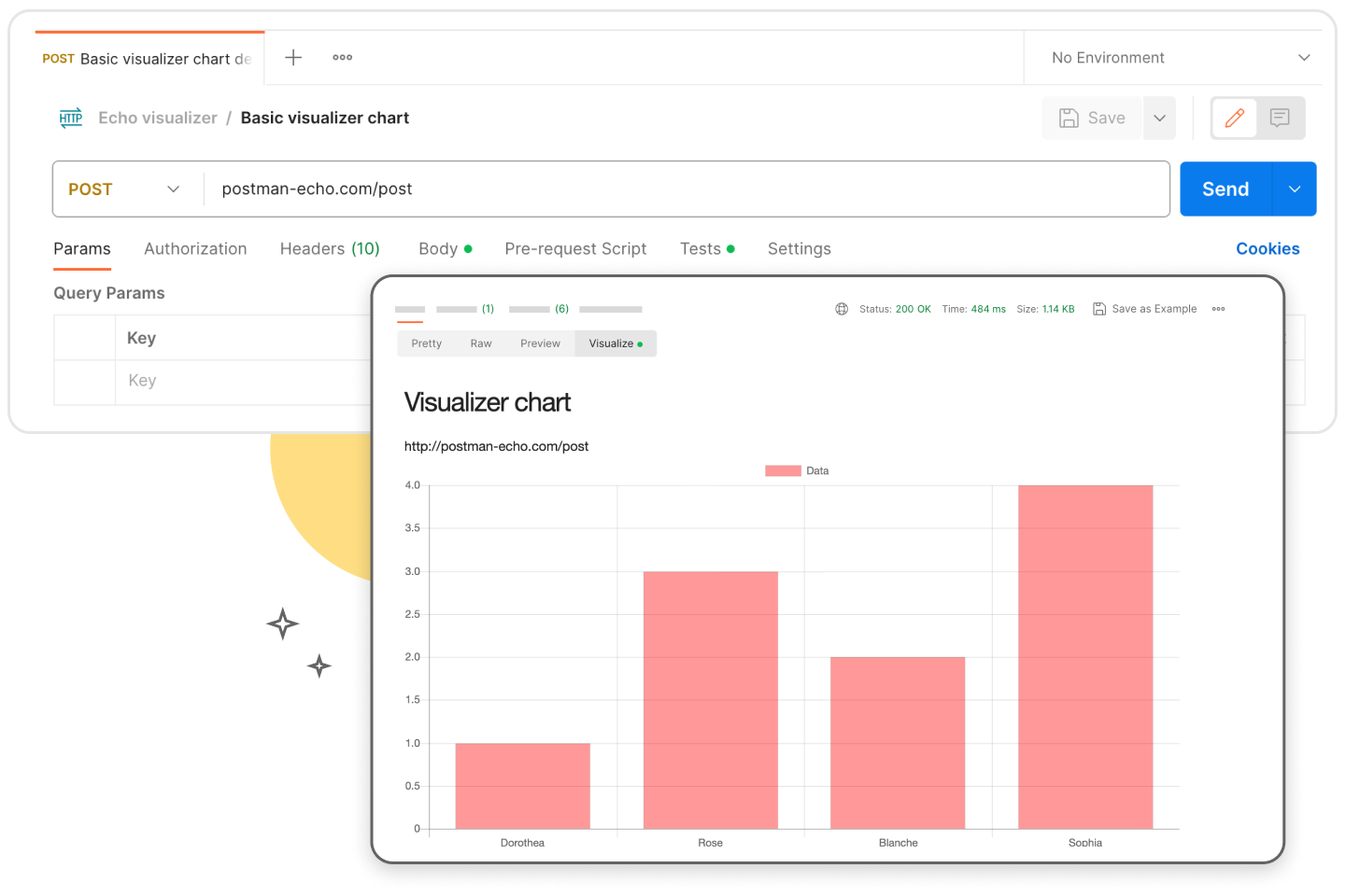 Inspect and visualize responses in Postman. Illustration.