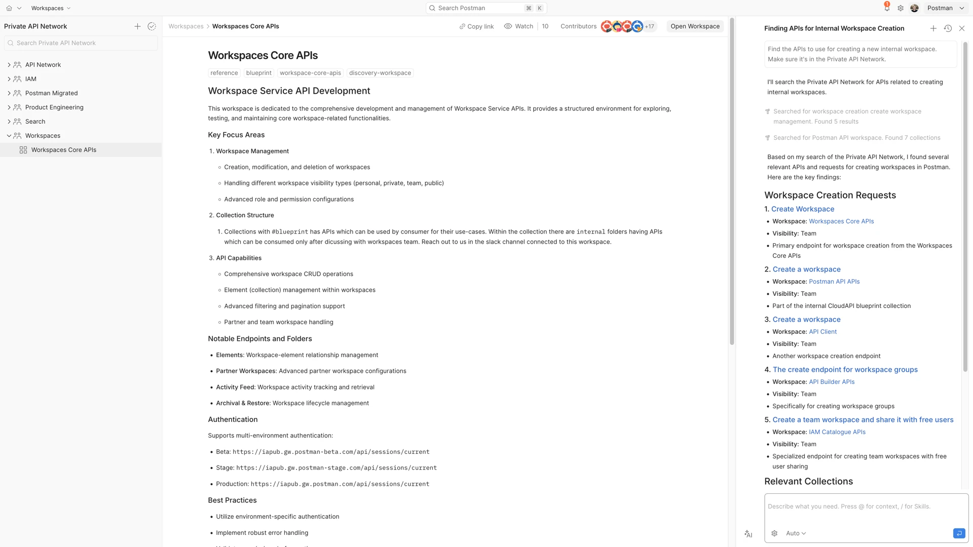 Postman Private API Network with AI sidebar showing workspace discovery results. Screenshot.