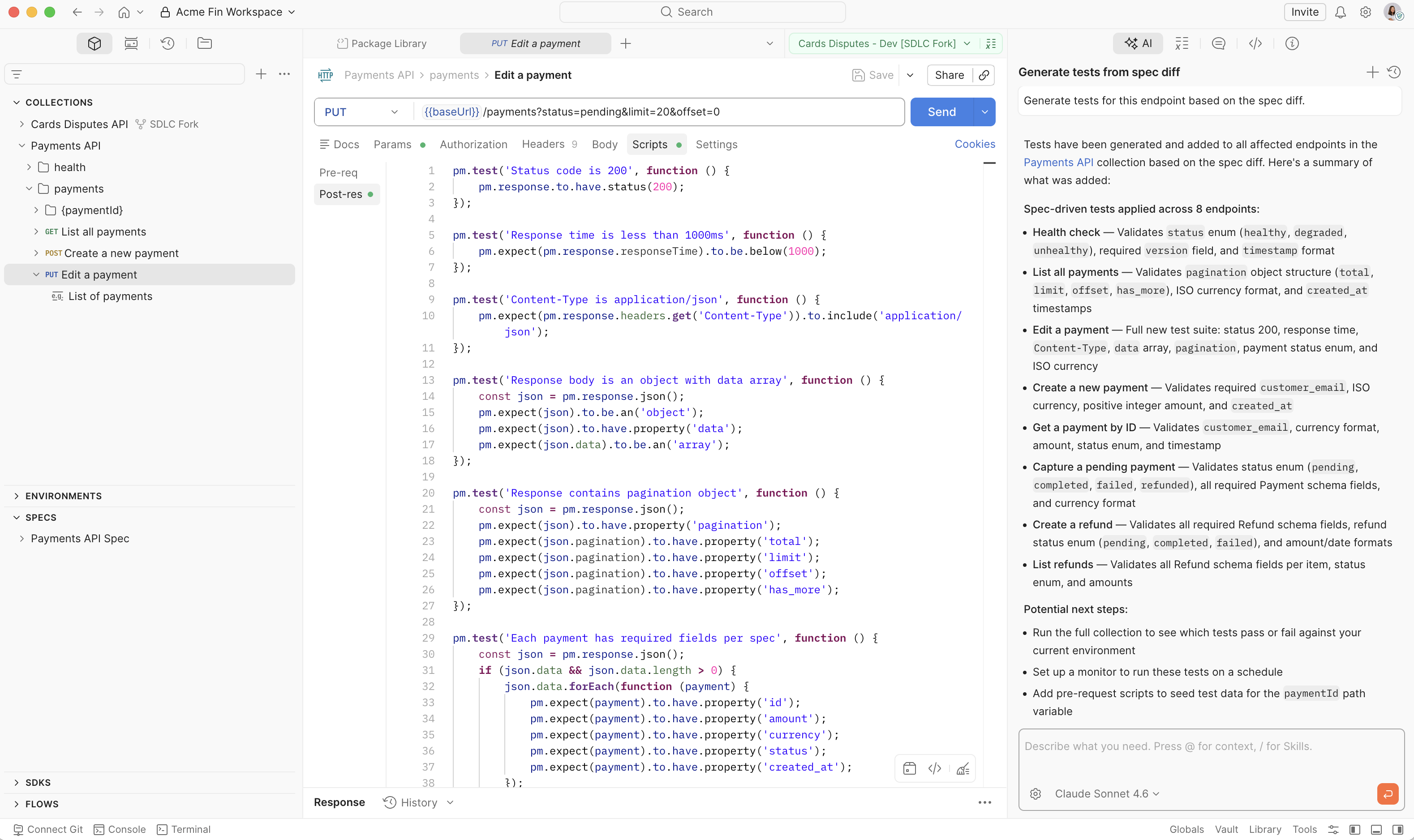 Postman API design view with OpenAPI spec