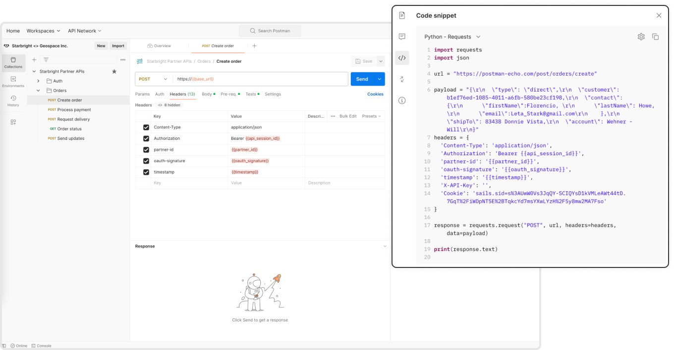Postman generate code snippet in workspaces screenshot.