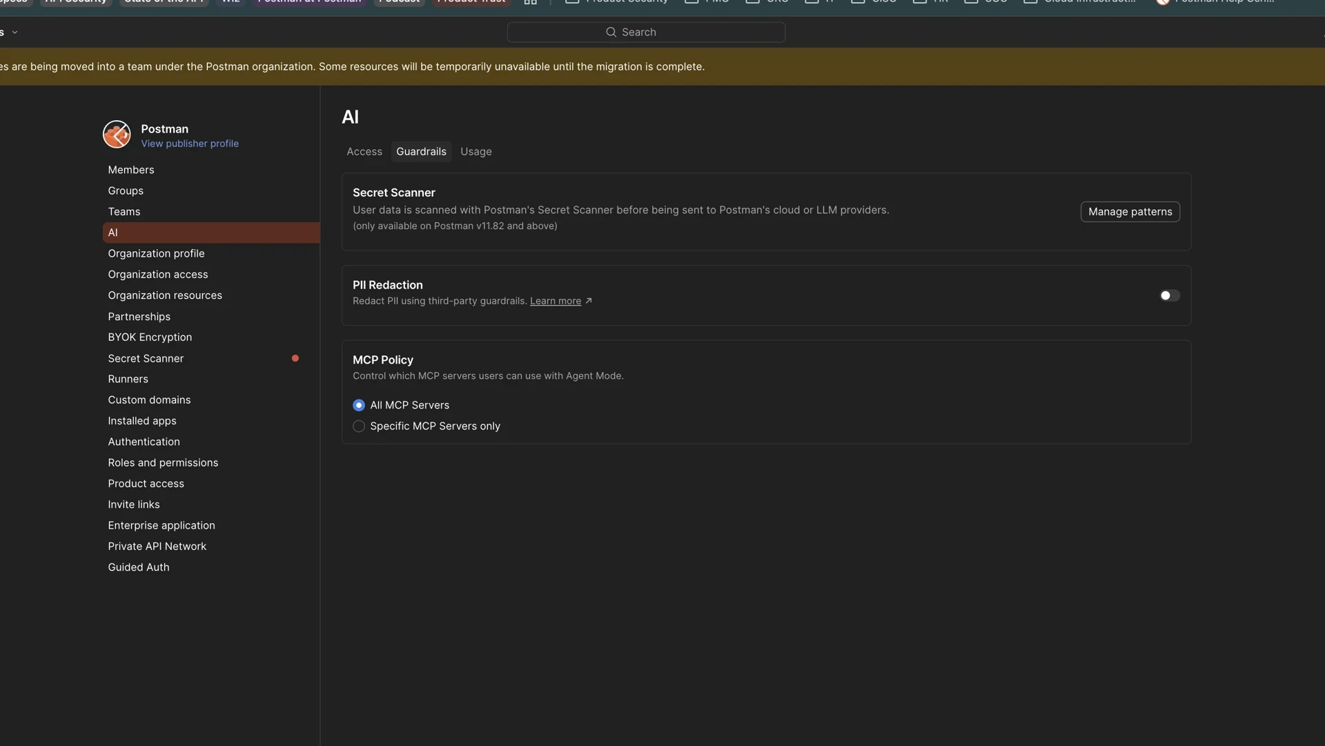 Guardrails settings showing Secret Scanner, PII Redaction, and MCP Server policy controls.