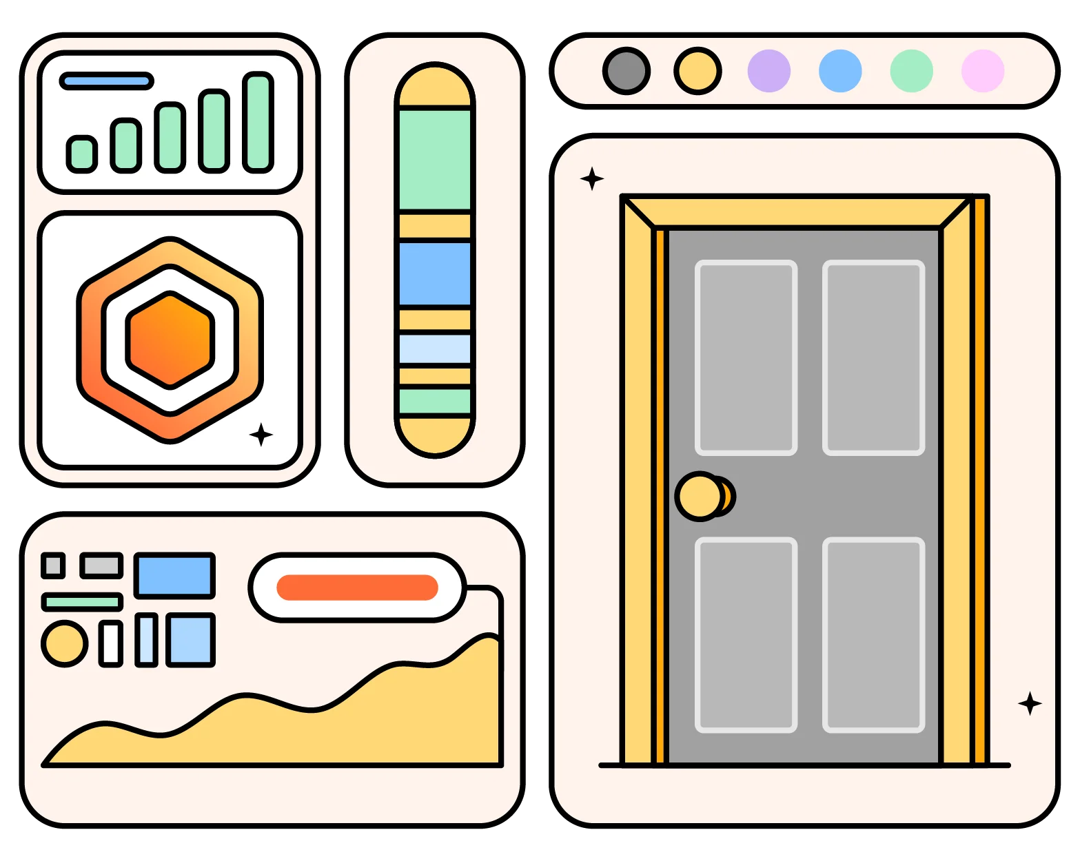 Illustration of a door beside monitoring dashboards, charts, and status indicators.