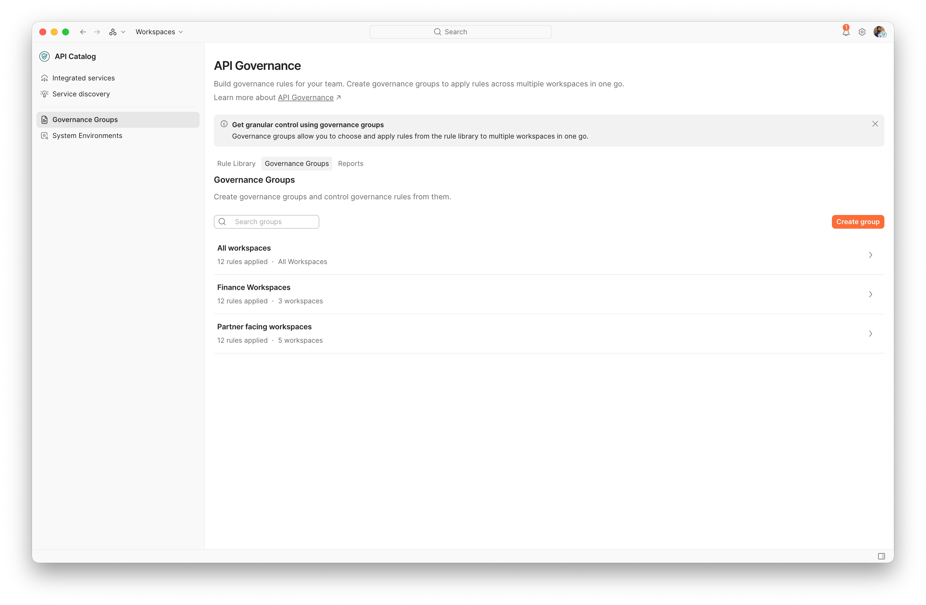 API Governance settings panel listing three governance groups — All workspaces, Finance Workspaces, and Partner-facing workspaces — each with a rules-applied count