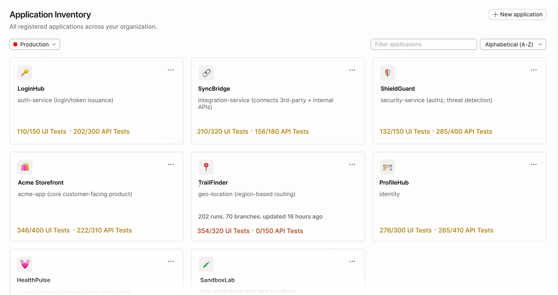 Postman Application Inventory listing registered applications with UI and API test pass counts for each