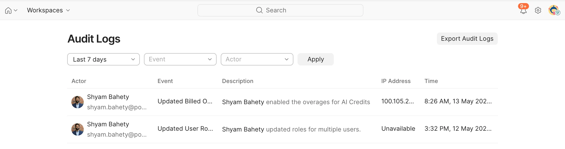 Audit Logs interface listing recent events with columns for Actor, Event, Description, IP Address, and Time — including a billed-overage update and a user-role update by Shyam Bahety
