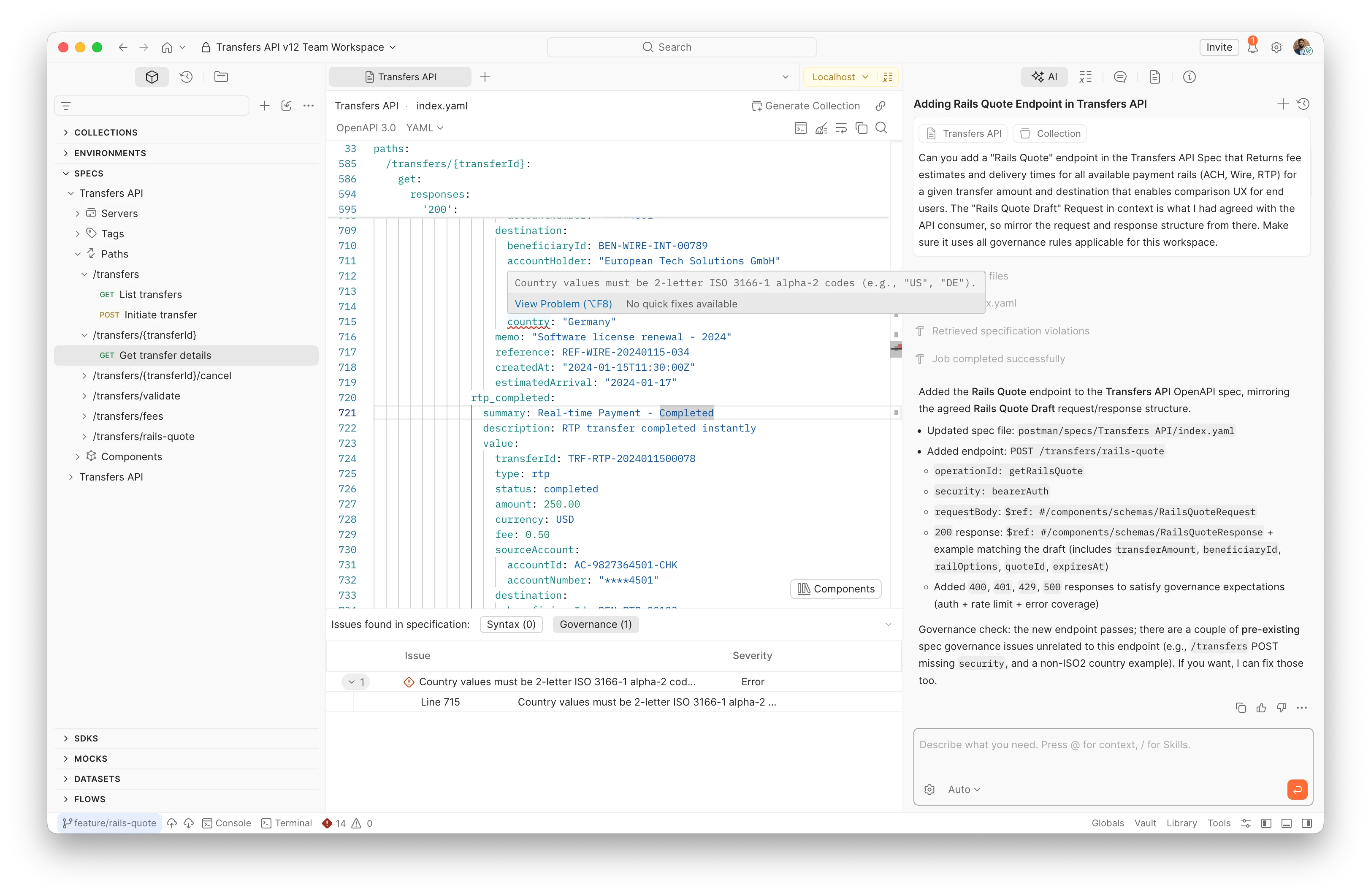 Postman CLI lint output identifying the same country-code governance violation as the merge gate in CI