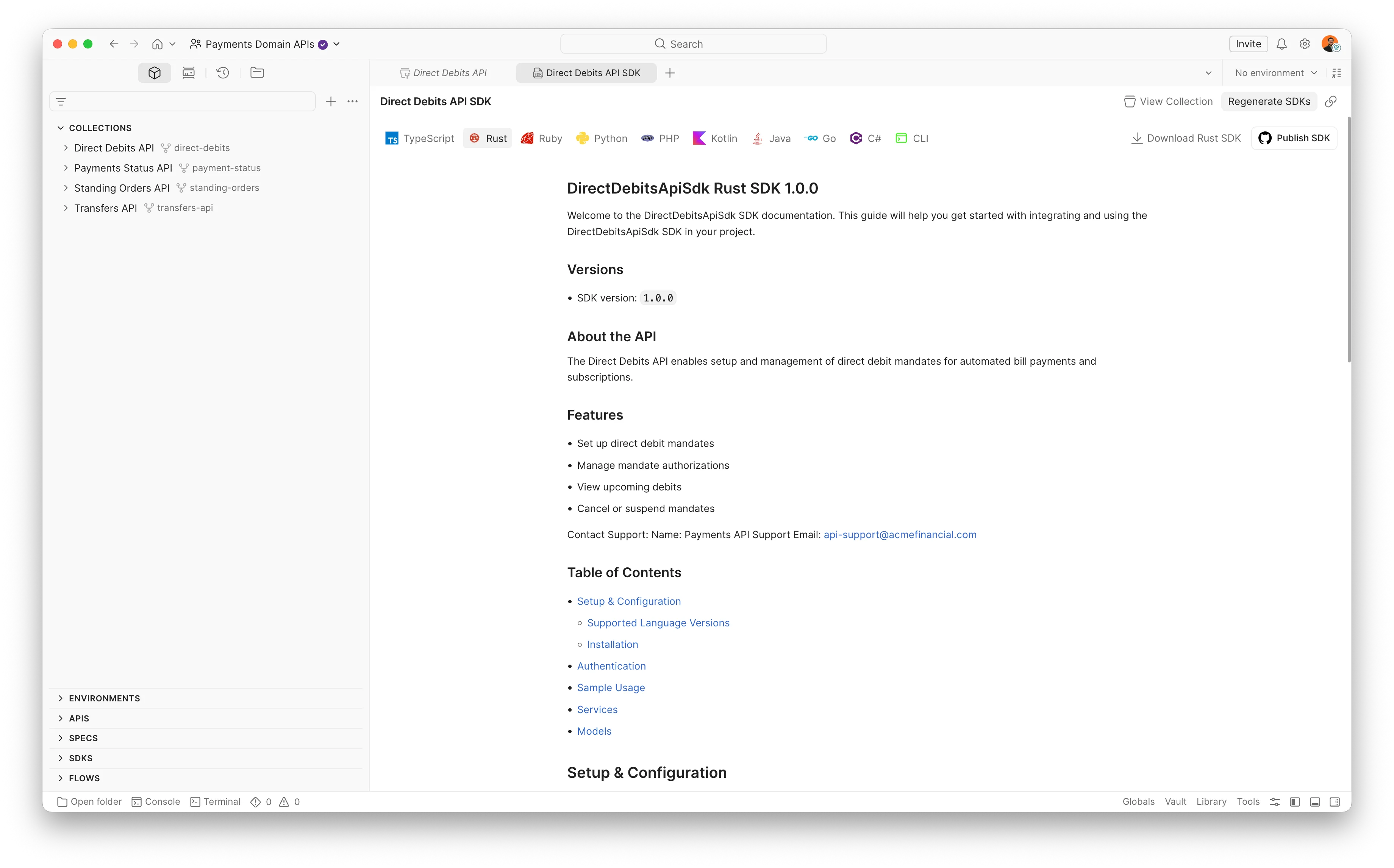Direct Debits API SDK documentation page in the Postman SDK Generator showing language tabs for TypeScript, Rust, Ruby, Python, PHP, Kotlin, Java, Go, and C#, with sections for Versions, About the API, Features, and Setup and Configuration