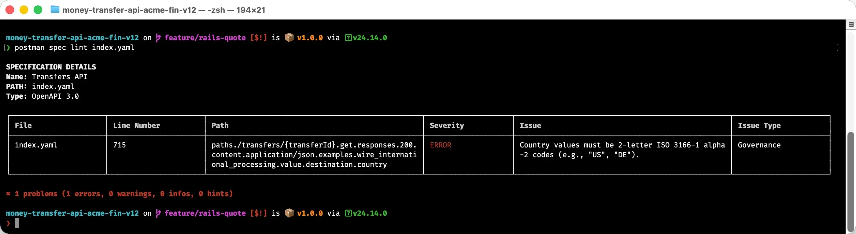 Postman CLI spec lint output showing a governance violation with file, line, and rule details