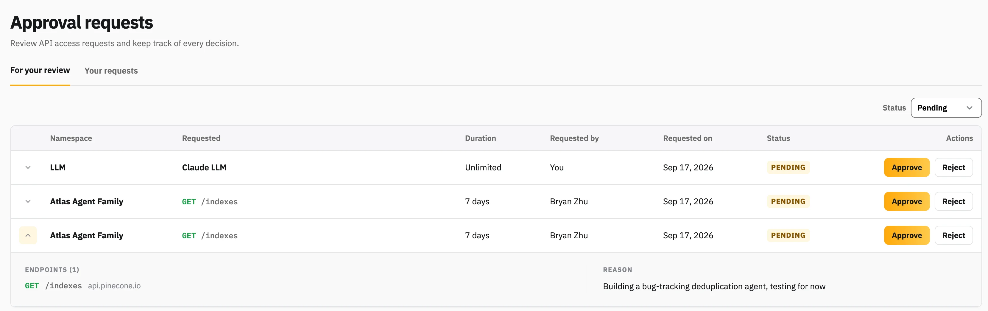 Passport approval requests queue showing pending API access requests with namespace, requested endpoint, duration, requester and approve or reject actions.
