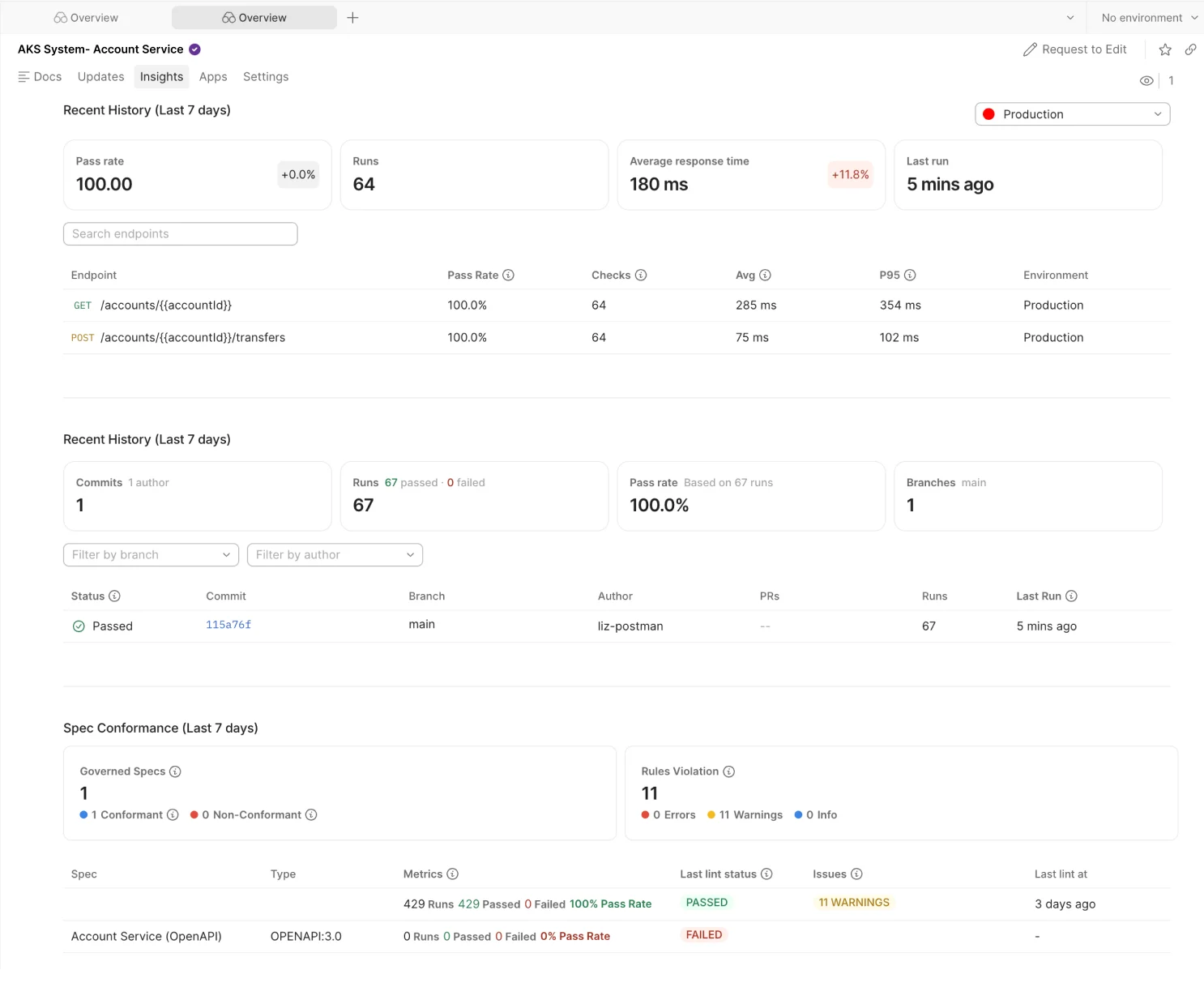 Postman AI surfacing API performance metrics alongside an actionable recommendation