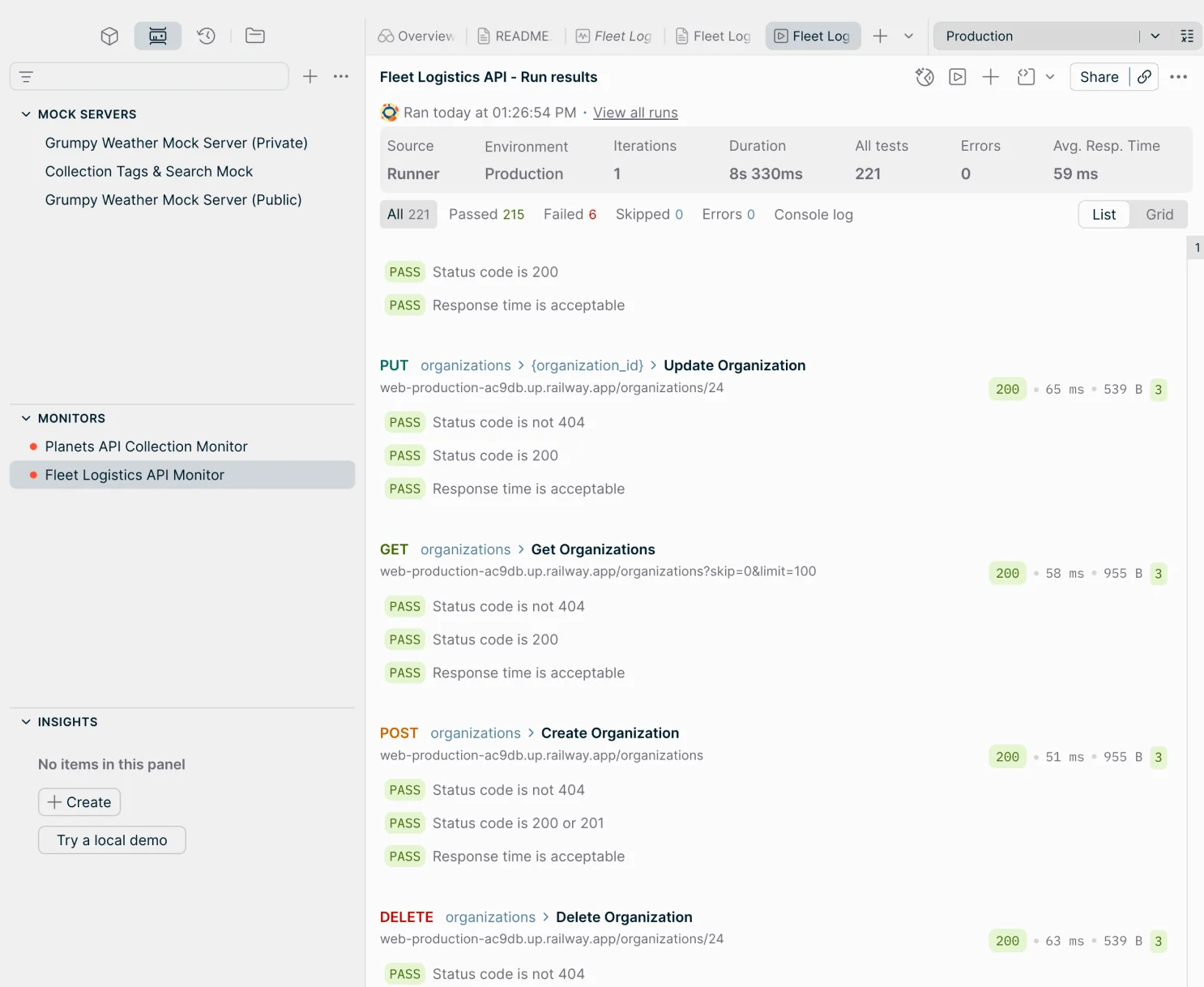 Postman monitor run results showing passed and failed API requests with response times