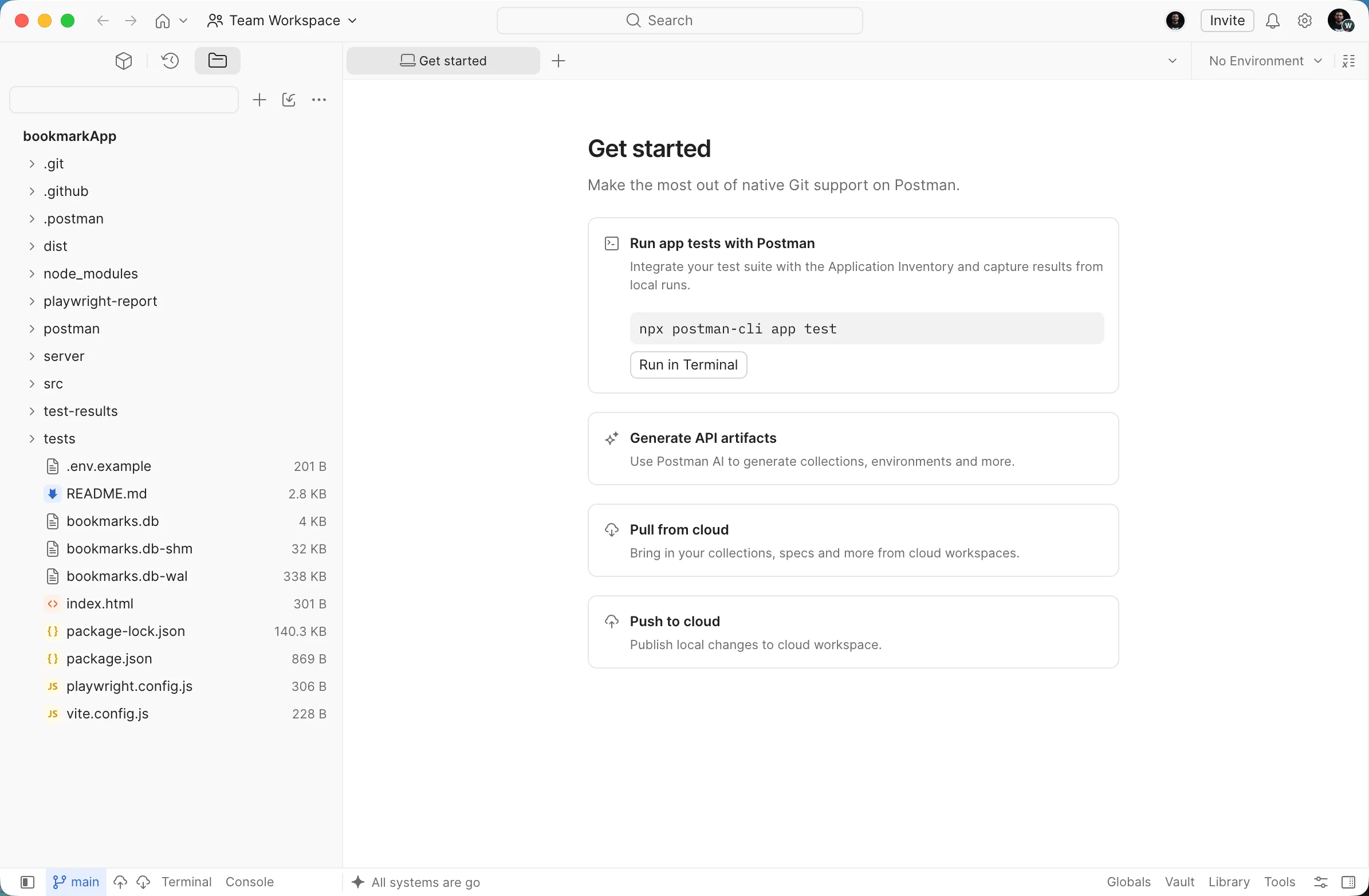 Postman desktop app in Local View, showing the bookmarkApp Git repository file tree with the postman folder of collections and environments sitting alongside the server and src source directories.
