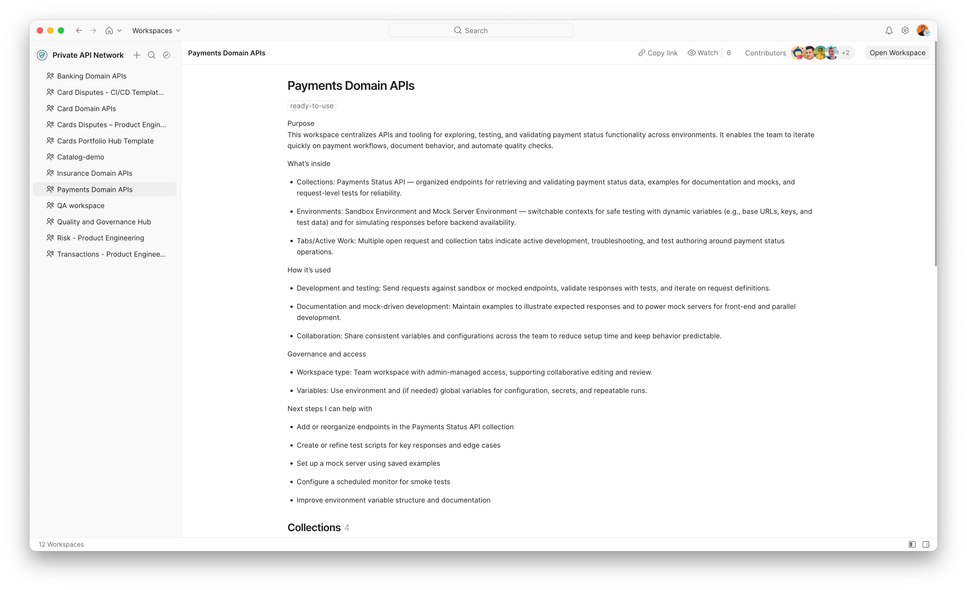 Private API Network workspace view of Payments Domain APIs showing collections, environments, tabs/active work, governance and access settings, and recommended next steps for internal contributors