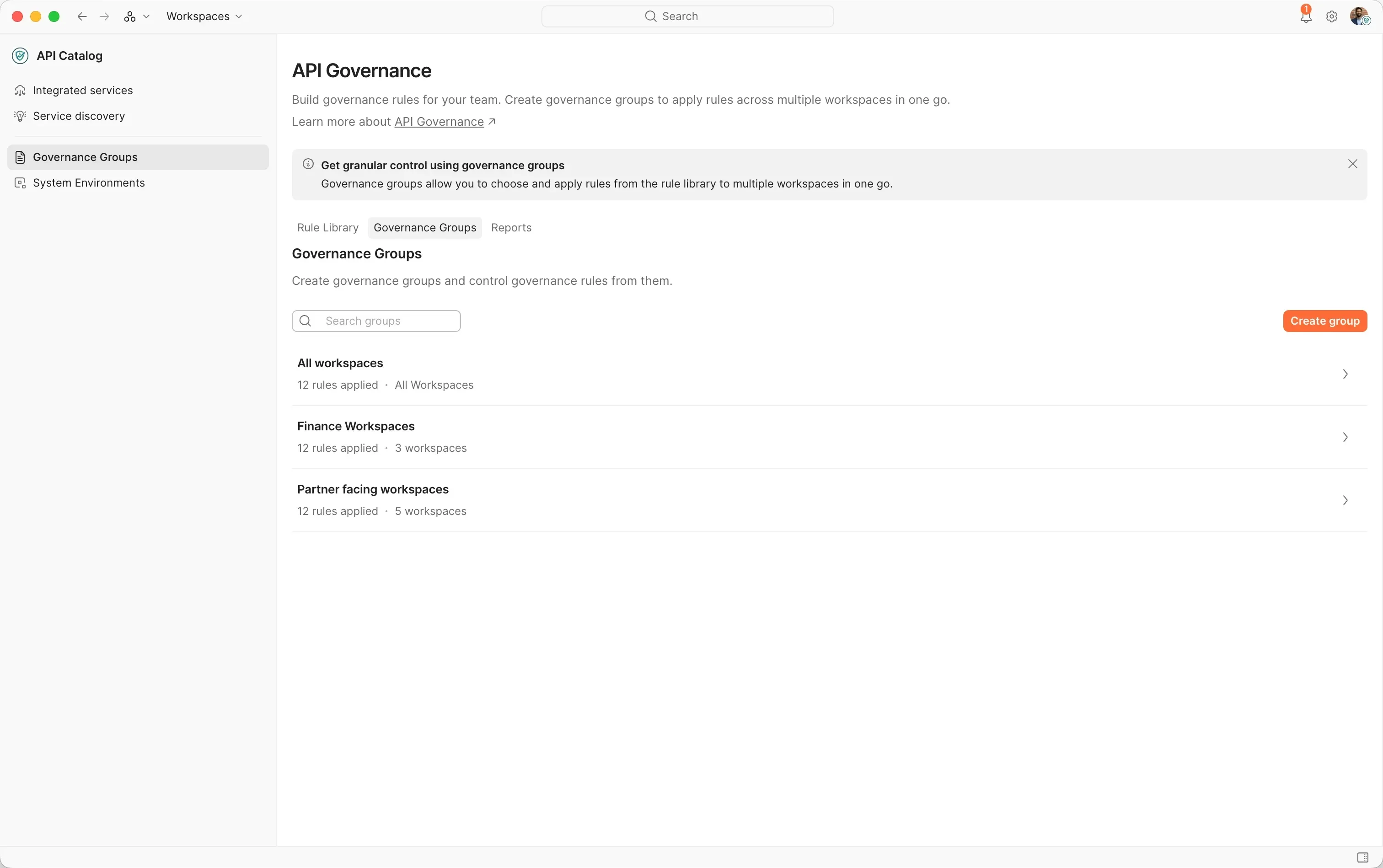 API Governance overview with Rule Library, Governance Groups, and Reports