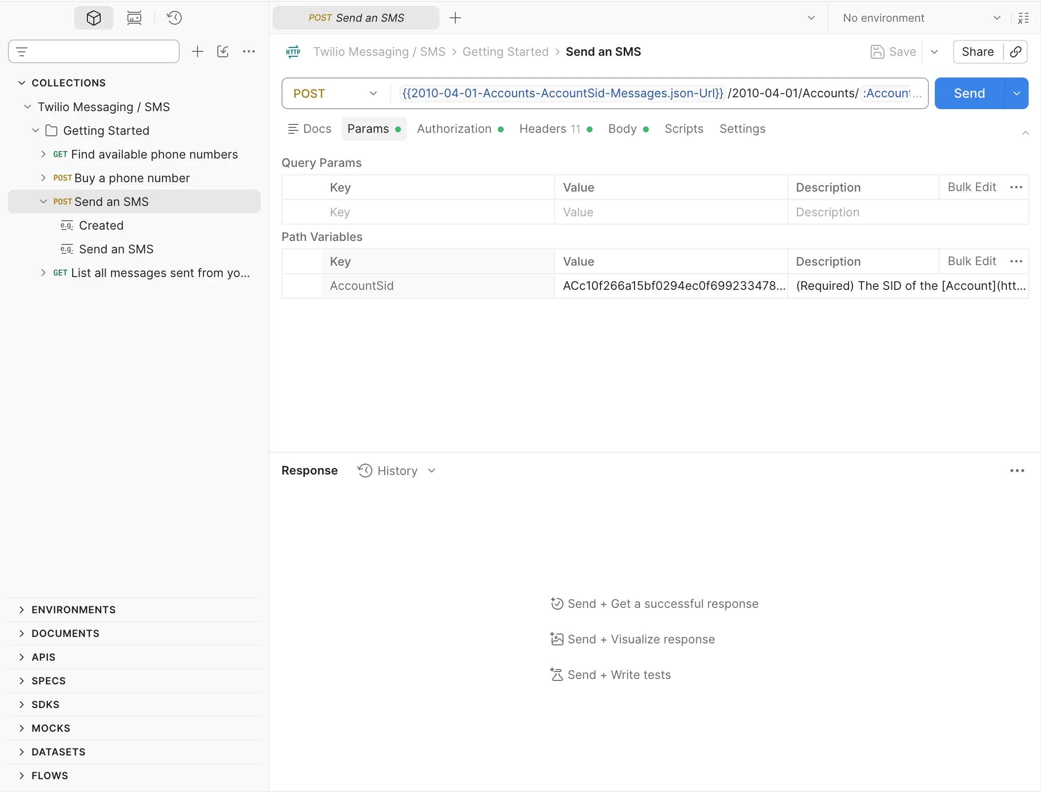 Postman agent mode wiring a webhook listener into a Twilio SMS status callback request