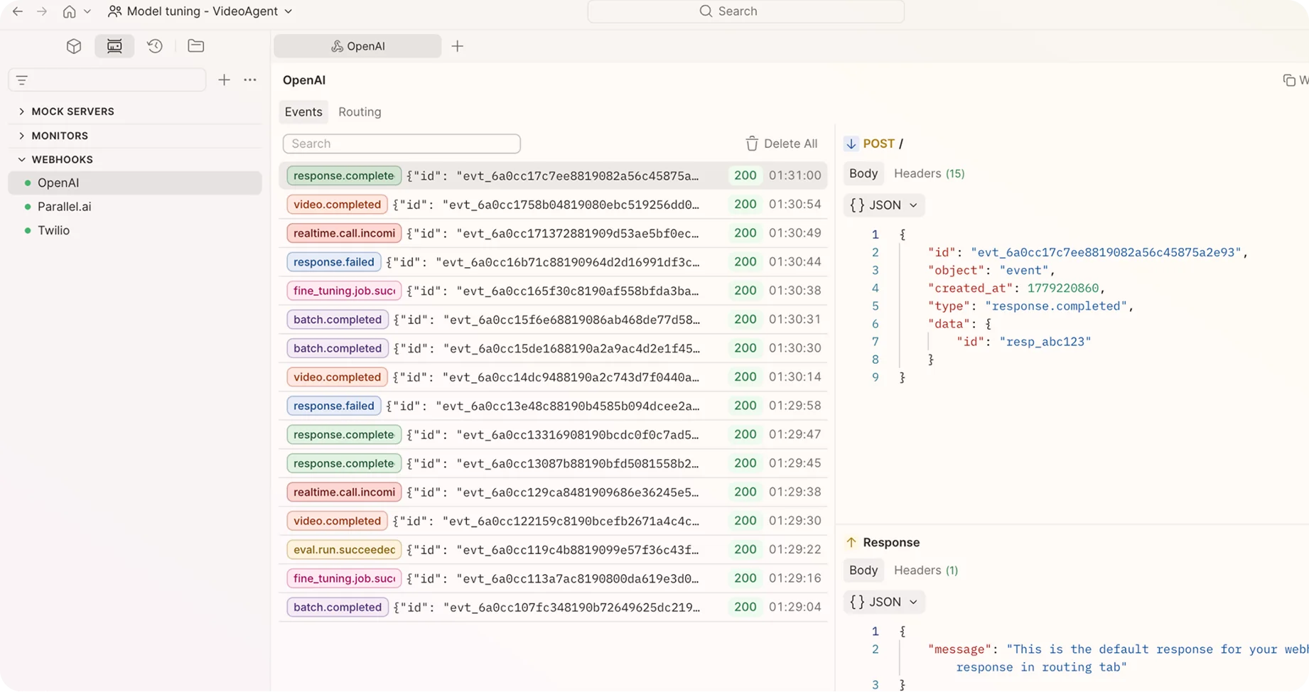 Postman Webhook Listener interface showing a captured event payload with full headers and body inspection