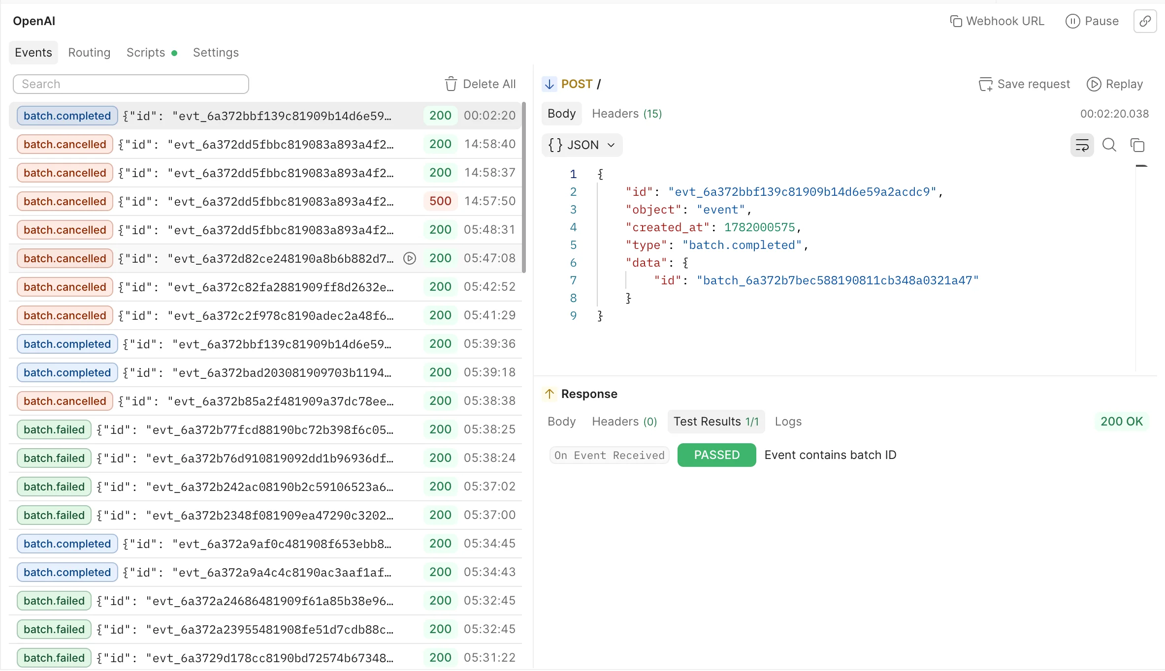 Postman webhook listener Events tab showing a captured batch.completed event, its JSON payload, and a passing test result reading Event contains batch ID